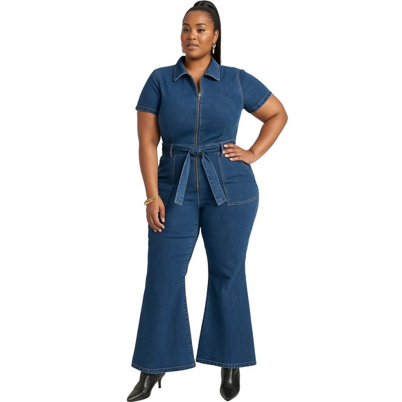Women's Short Sleeve Denim Jumpsuit - Ava & Viv‎ Dark Wash 24 - Picture 1 of 5